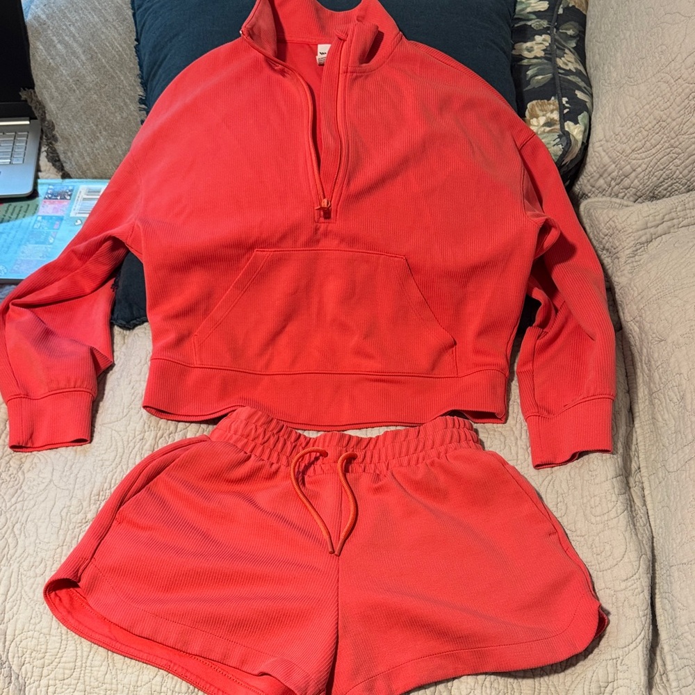 Coral Half-Zip Pullover and Shorts Set